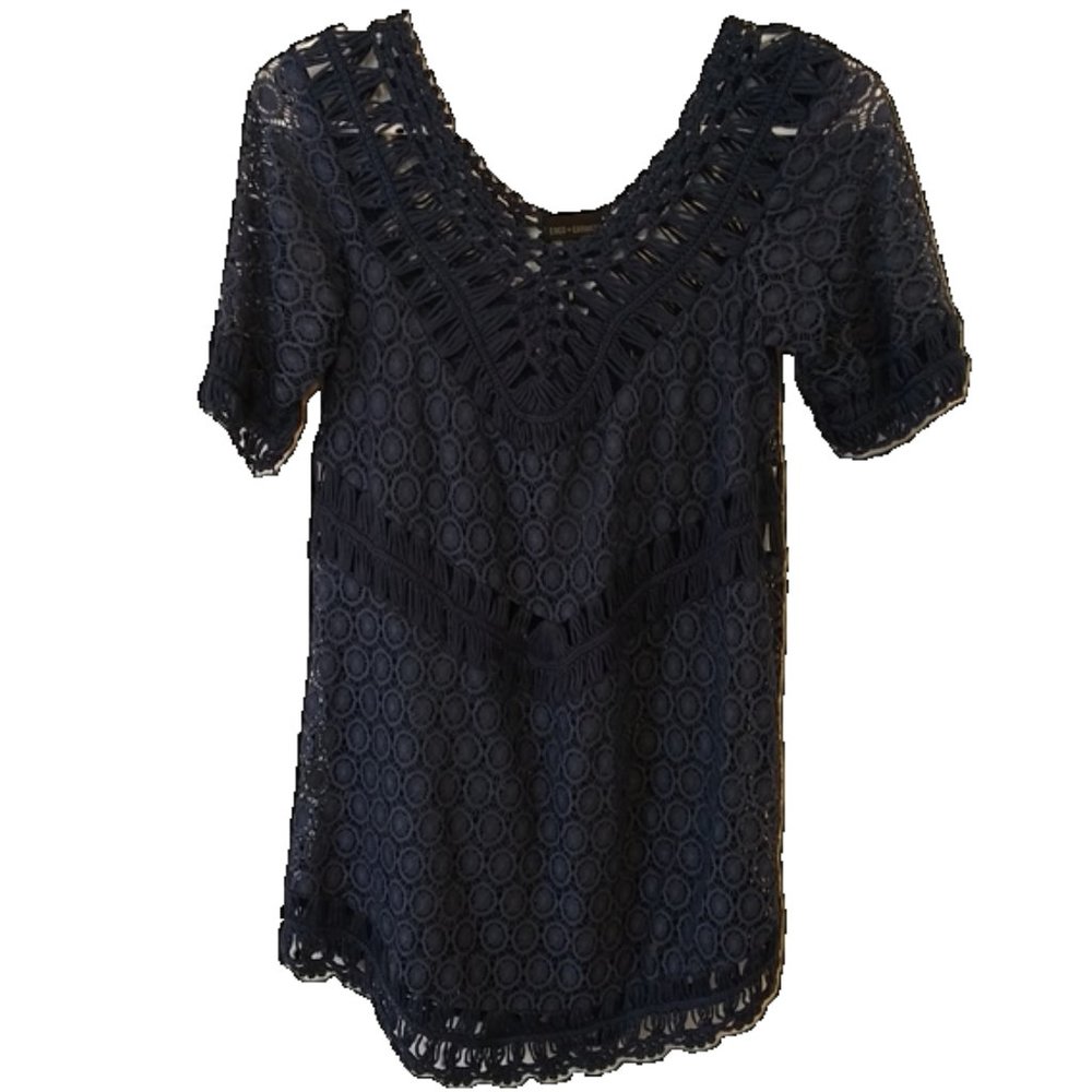 Coco + Carmen | Navy Blue Crochet/Macrame-Style Swim Cover-Up/Tunic Top